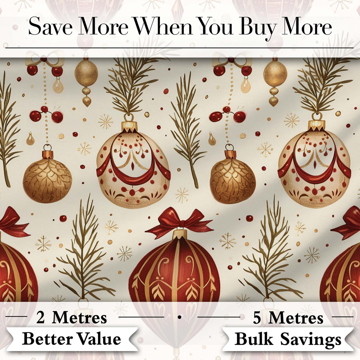 Elegant Red Gold Christmas Baubles Pine Branch Seamless Pattern Digital Print Fabric by the Metre UK Sewing Quilting Textile