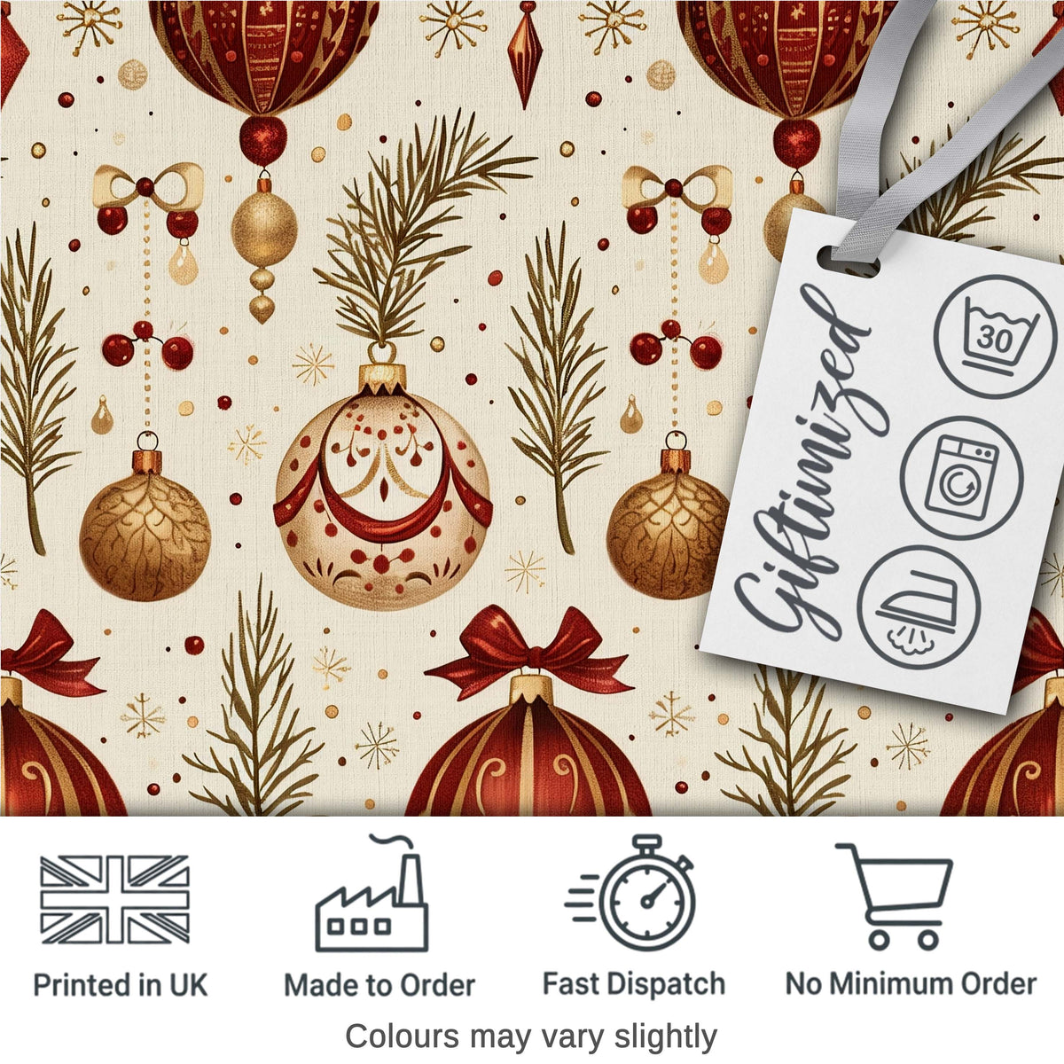 Elegant Red Gold Christmas Baubles Pine Branch Seamless Pattern Digital Print Fabric by the Metre UK Sewing Quilting Textile