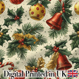 Vintage Christmas Holly Bell Ornament Botanical Seamless Pattern Digital Print Fabric by the Metre UK Sewing Quilting Textile