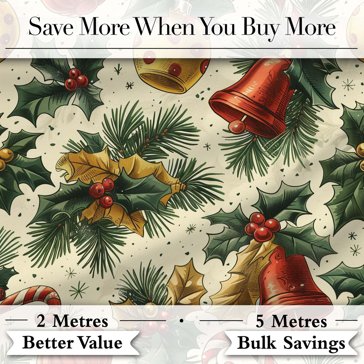 Vintage Christmas Holly Bell Ornament Botanical Seamless Pattern Digital Print Fabric by the Metre UK Sewing Quilting Textile