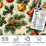 Vintage Christmas Holly Bell Ornament Botanical Seamless Pattern Digital Print Fabric by the Metre UK Sewing Quilting Textile