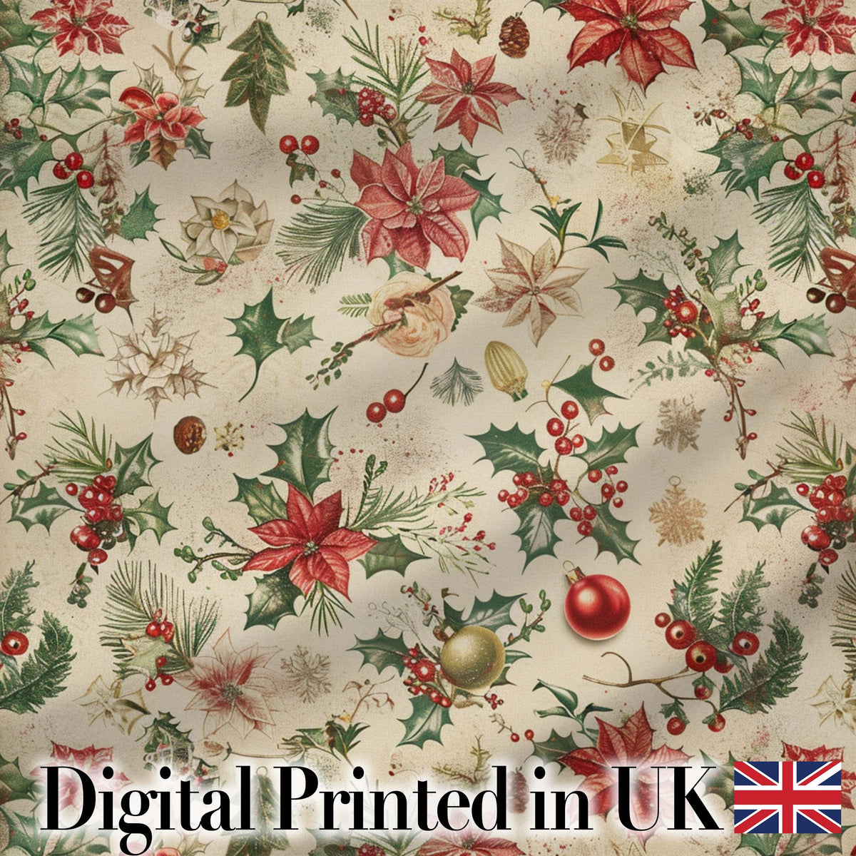 Festive Poinsettia Holly Berry Vintage Christmas Seamless Pattern Digital Print Fabric by the Metre UK Sewing Quilting Textile