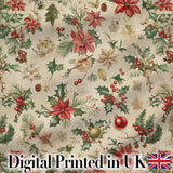 Festive Poinsettia Holly Berry Vintage Christmas Seamless Pattern Digital Print Fabric by the Metre UK Sewing Quilting Textile