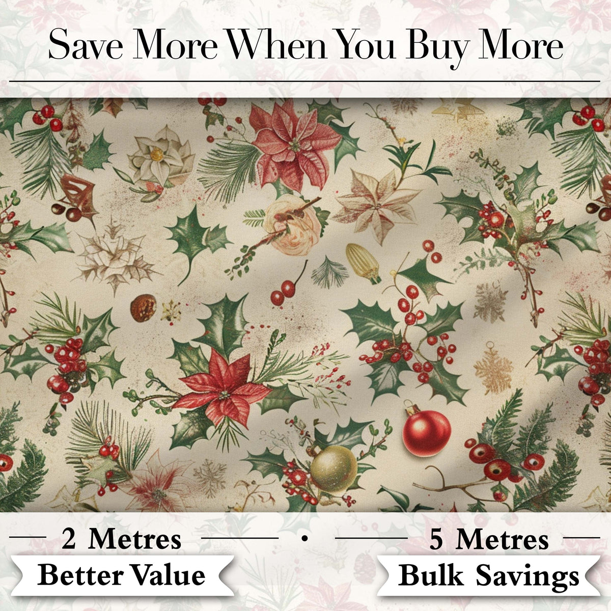 Festive Poinsettia Holly Berry Vintage Christmas Seamless Pattern Digital Print Fabric by the Metre UK Sewing Quilting Textile