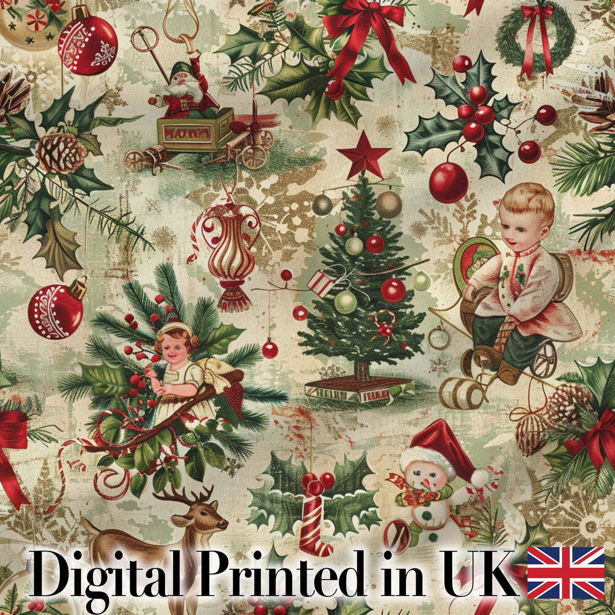 Classic Vintage Christmas Toys Tree Santa Festive Seamless Pattern Digital Print Fabric by the Metre UK Sewing Quilting Textile