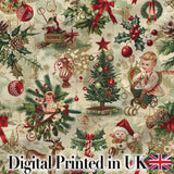 Classic Vintage Christmas Toys Tree Santa Festive Seamless Pattern Digital Print Fabric by the Metre UK Sewing Quilting Textile