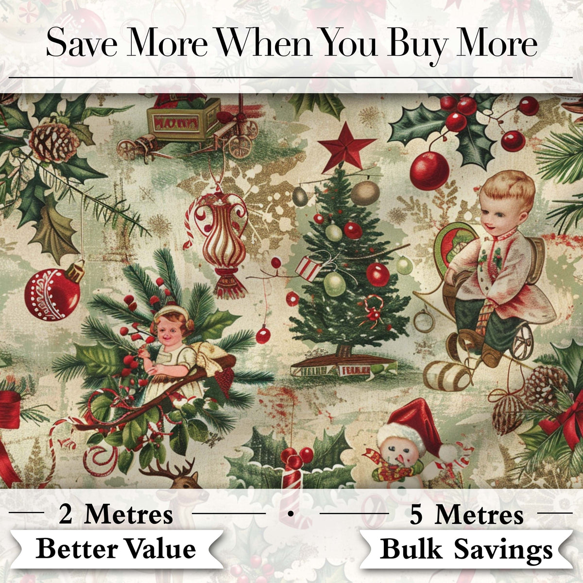 Classic Vintage Christmas Toys Tree Santa Festive Seamless Pattern Digital Print Fabric by the Metre UK Sewing Quilting Textile