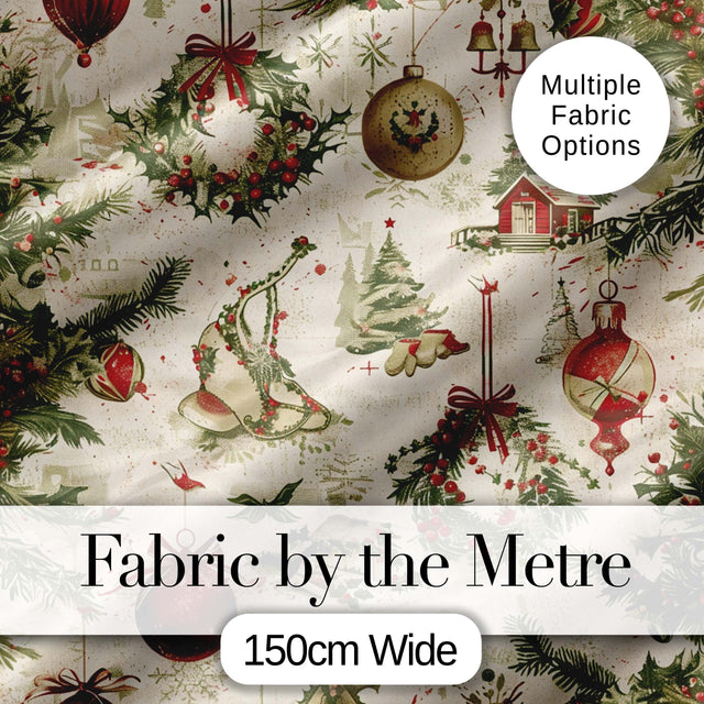Rustic Christmas Wreath Bell Ornament Holiday Seamless Pattern Digital Print Fabric by the Metre UK Sewing Quilting Textile