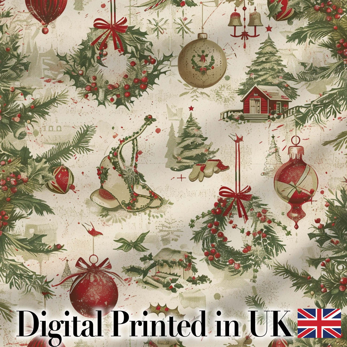 Rustic Christmas Wreath Bell Ornament Holiday Seamless Pattern Digital Print Fabric by the Metre UK Sewing Quilting Textile