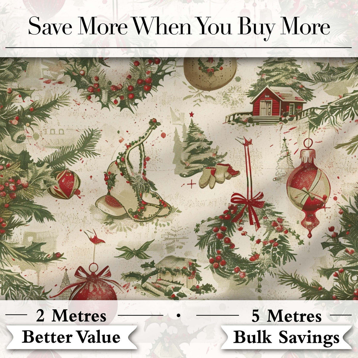 Rustic Christmas Wreath Bell Ornament Holiday Seamless Pattern Digital Print Fabric by the Metre UK Sewing Quilting Textile