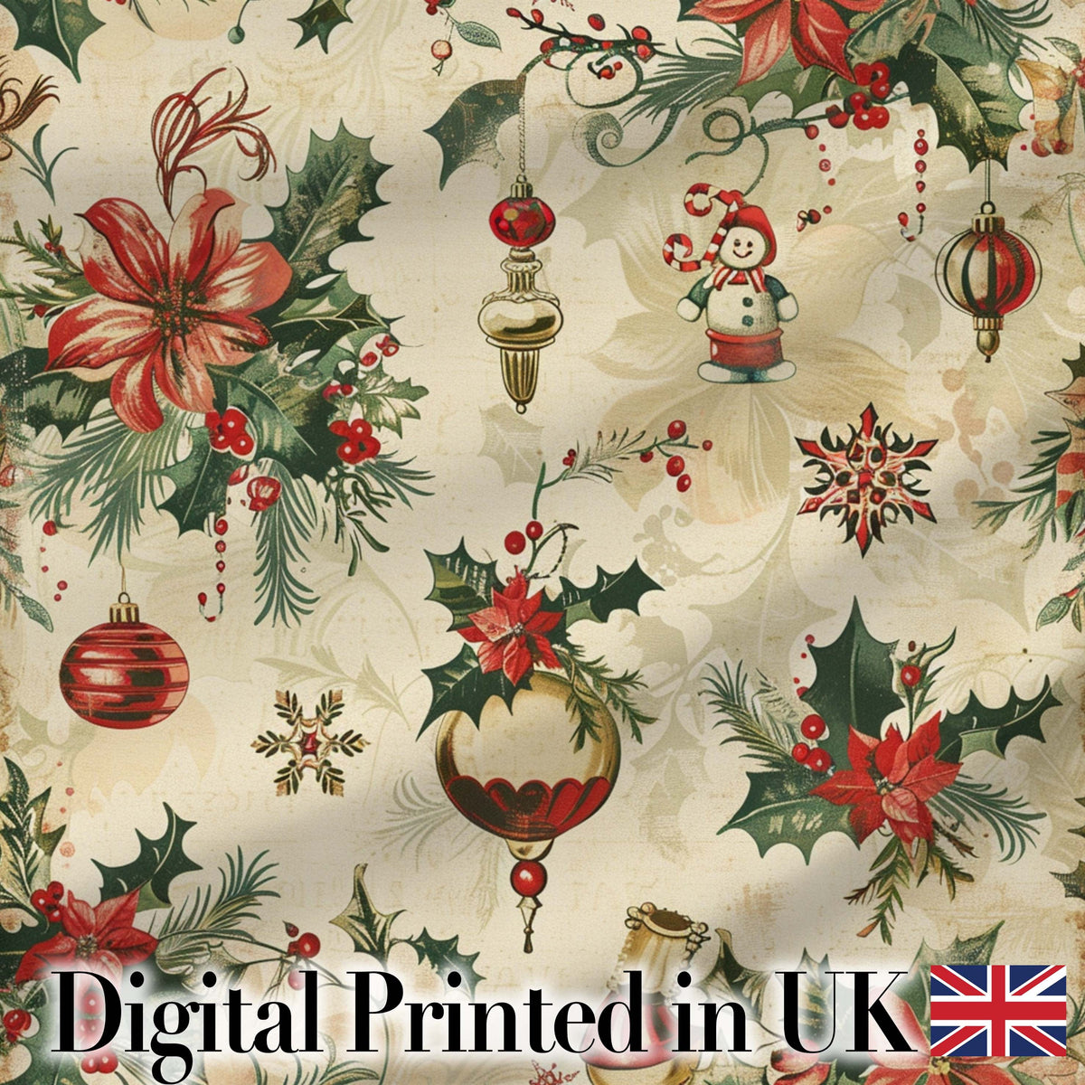 Vintage Christmas Floral Holly Ornament Festive Seamless Pattern Digital Print Fabric by the Metre UK Sewing Quilting Textile