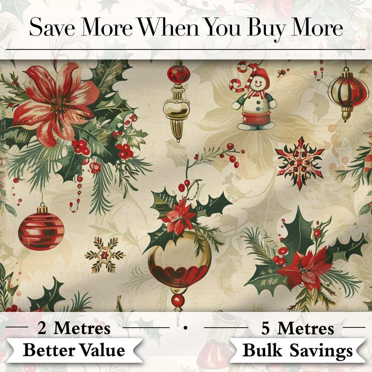 Vintage Christmas Floral Holly Ornament Festive Seamless Pattern Digital Print Fabric by the Metre UK Sewing Quilting Textile
