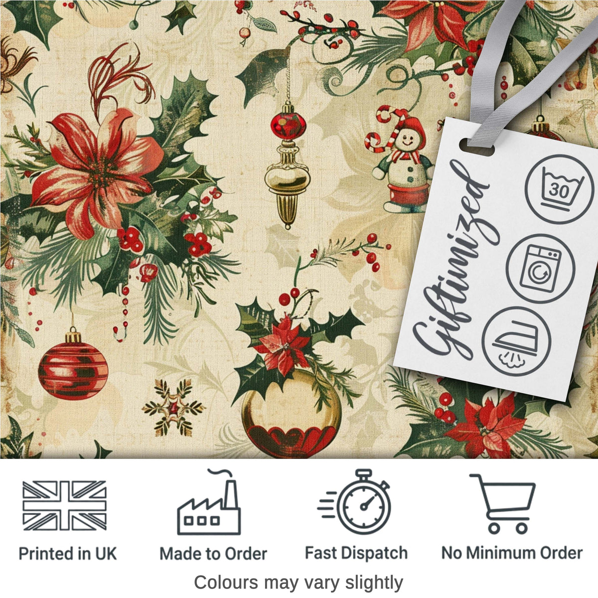 Vintage Christmas Floral Holly Ornament Festive Seamless Pattern Digital Print Fabric by the Metre UK Sewing Quilting Textile