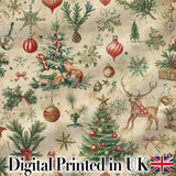 Vintage Christmas Reindeer Tree Ornament Woodland Seamless Pattern Digital Print Fabric by the Metre UK Sewing Quilting Textile