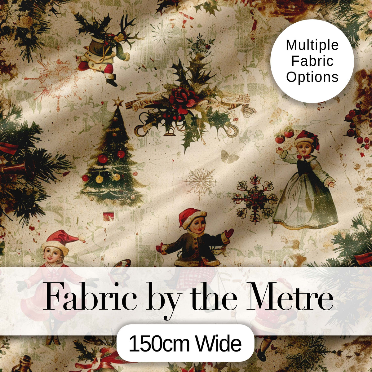 Vintage Christmas Children Tree Holiday Festive Seamless Pattern Digital Print Fabric by the Metre UK Sewing Quilting Textile