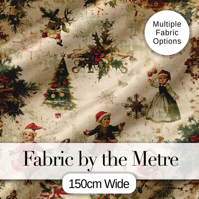 Vintage Christmas Children Tree Holiday Festive Seamless Pattern Digital Print Fabric by the Metre UK Sewing Quilting Textile