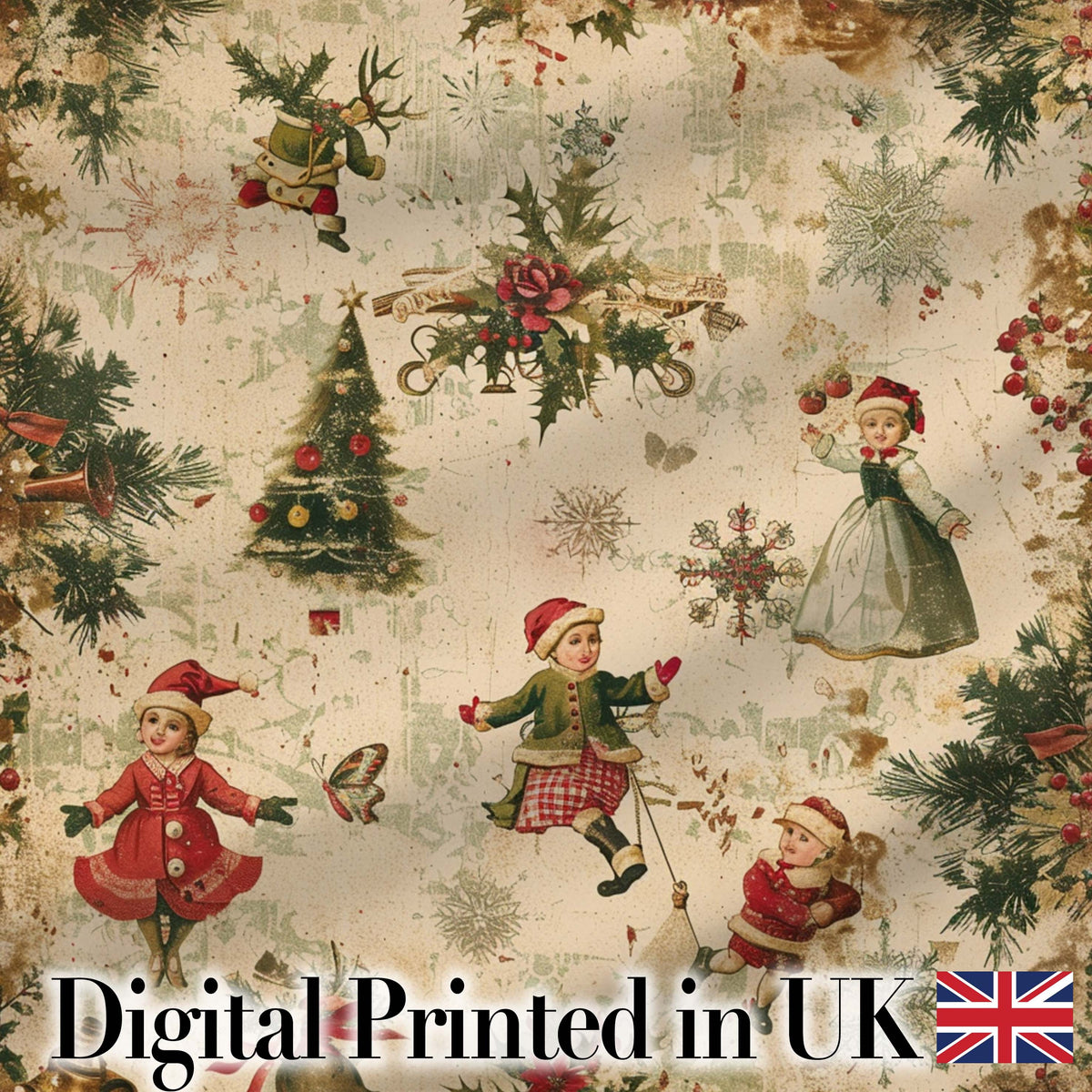 Vintage Christmas Children Tree Holiday Festive Seamless Pattern Digital Print Fabric by the Metre UK Sewing Quilting Textile