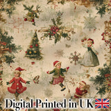 Vintage Christmas Children Tree Holiday Festive Seamless Pattern Digital Print Fabric by the Metre UK Sewing Quilting Textile