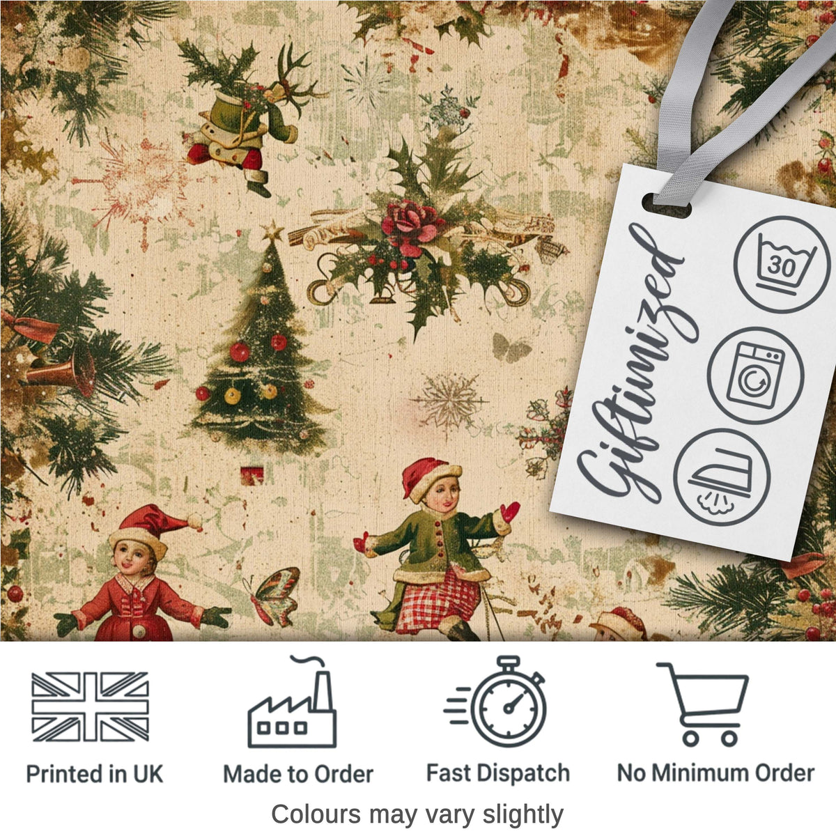 Vintage Christmas Children Tree Holiday Festive Seamless Pattern Digital Print Fabric by the Metre UK Sewing Quilting Textile