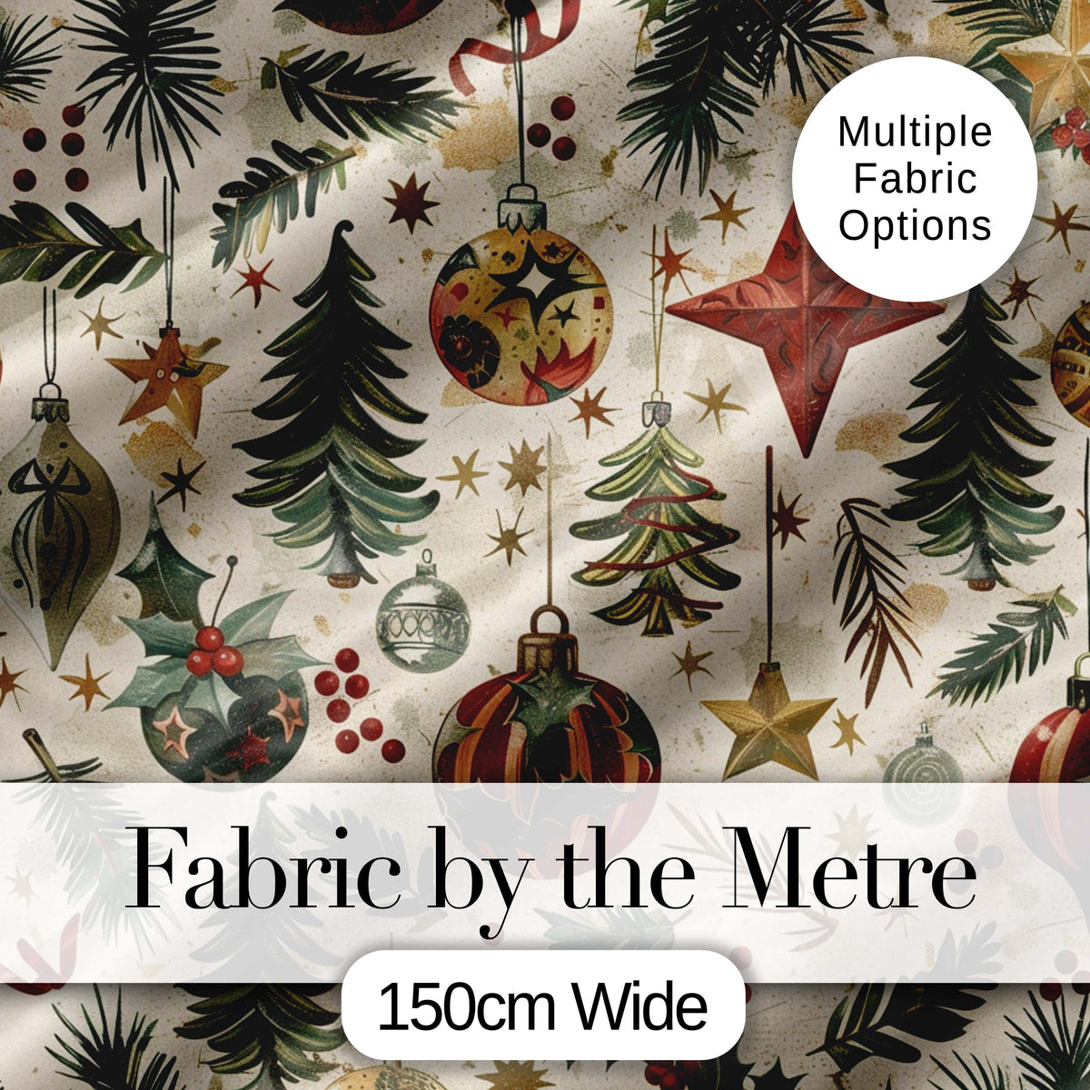 Christmas Ornament Star Pine Branch Festive Seamless Pattern Digital Print Fabric by the Metre UK Sewing Quilting Textile