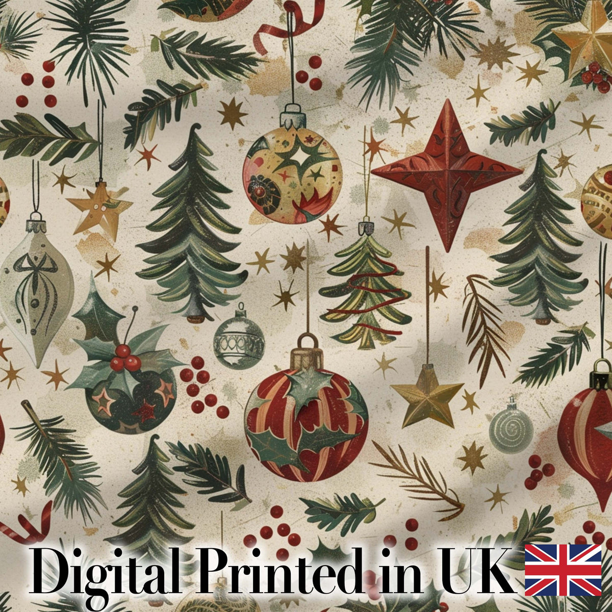 Christmas Ornament Star Pine Branch Festive Seamless Pattern Digital Print Fabric by the Metre UK Sewing Quilting Textile