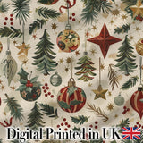 Christmas Ornament Star Pine Branch Festive Seamless Pattern Digital Print Fabric by the Metre UK Sewing Quilting Textile