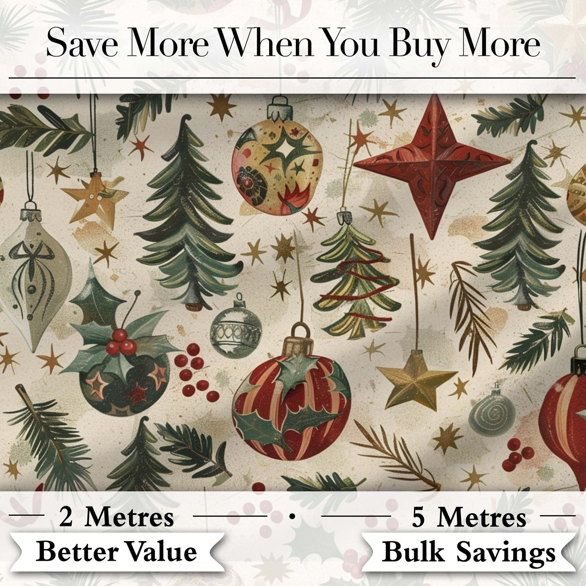 Christmas Ornament Star Pine Branch Festive Seamless Pattern Digital Print Fabric by the Metre UK Sewing Quilting Textile