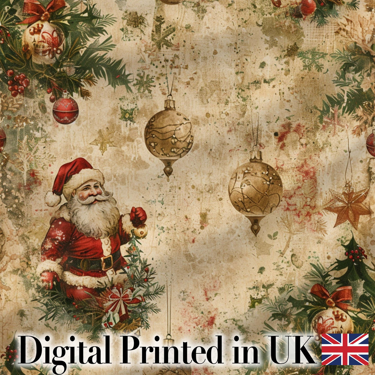 Rustic Vintage Santa Pine Branch Ornament Seamless Pattern Digital Print Fabric by the Metre UK Sewing Quilting Textile