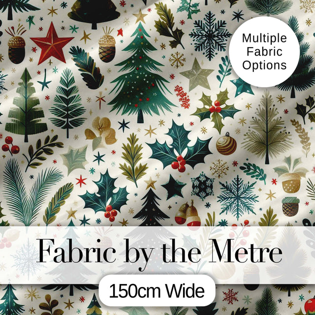 Scandinavian Christmas Tree Holly Berry Winter Seamless Pattern Digital Print Fabric by the Metre UK Sewing Quilting Textile