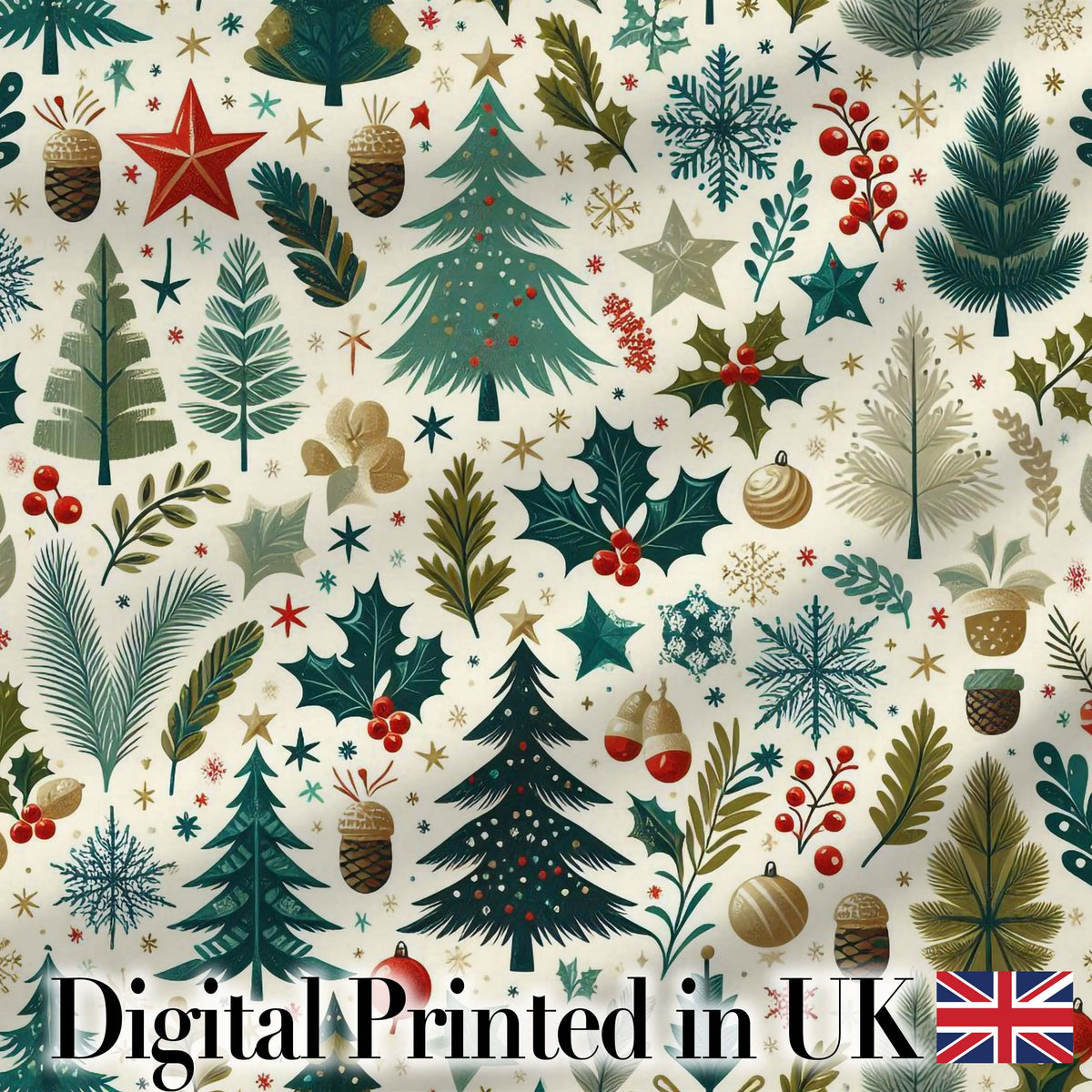 Scandinavian Christmas Tree Holly Berry Winter Seamless Pattern Digital Print Fabric by the Metre UK Sewing Quilting Textile