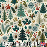 Scandinavian Christmas Tree Holly Berry Winter Seamless Pattern Digital Print Fabric by the Metre UK Sewing Quilting Textile