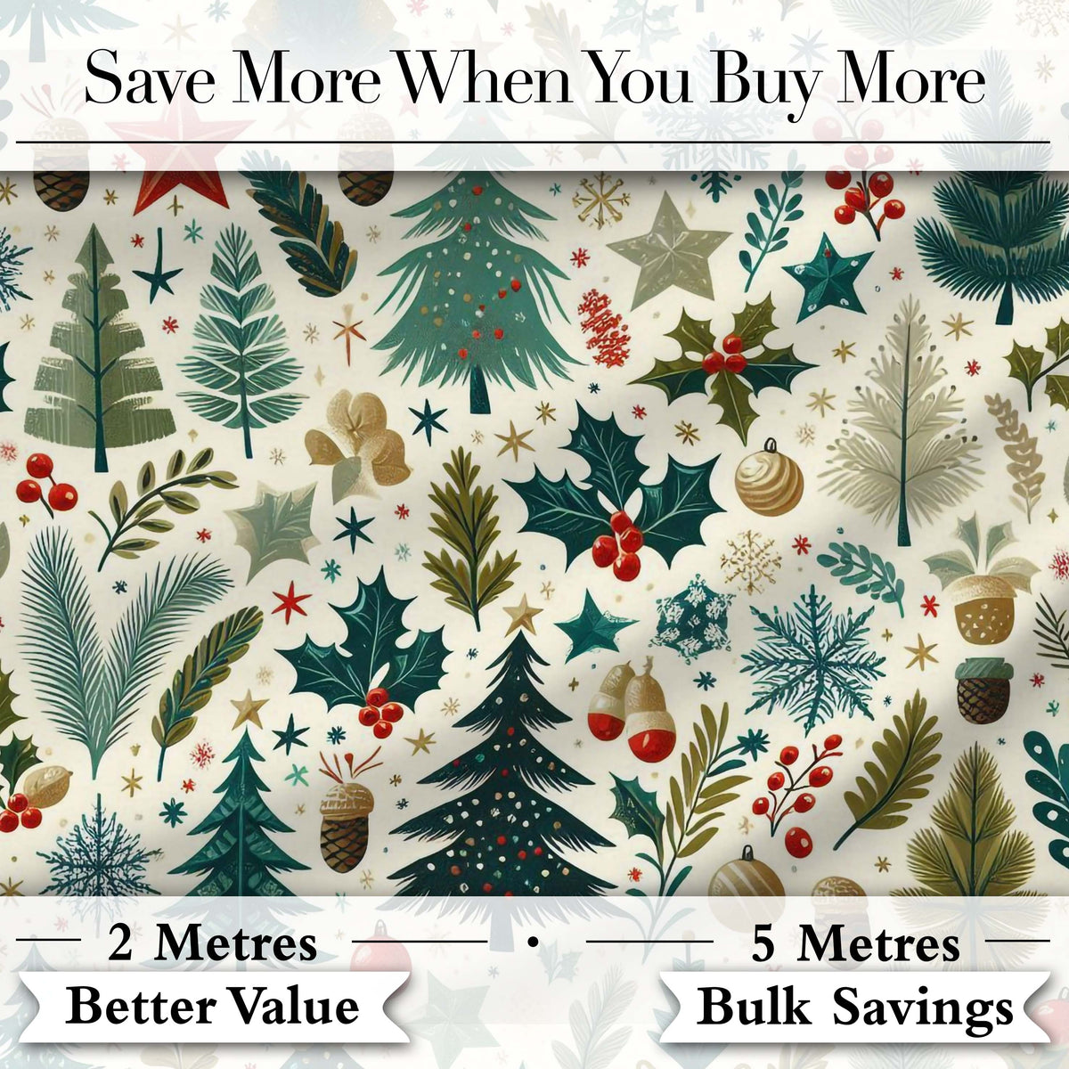Scandinavian Christmas Tree Holly Berry Winter Seamless Pattern Digital Print Fabric by the Metre UK Sewing Quilting Textile