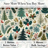 Scandinavian Christmas Tree Holly Berry Winter Seamless Pattern Digital Print Fabric by the Metre UK Sewing Quilting Textile