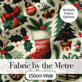 Christmas Stocking Holly Bell Gift Festive Seamless Pattern Digital Print Fabric by the Metre UK Sewing Quilting Textile