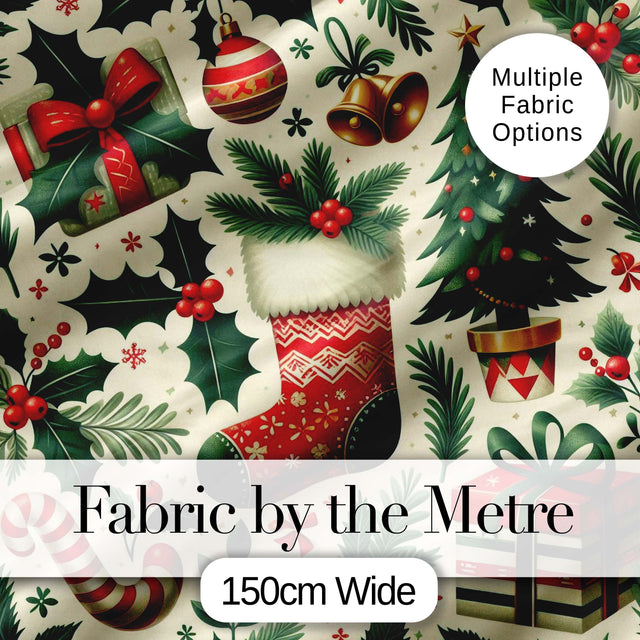 Christmas Stocking Holly Bell Gift Festive Seamless Pattern Digital Print Fabric by the Metre UK Sewing Quilting Textile