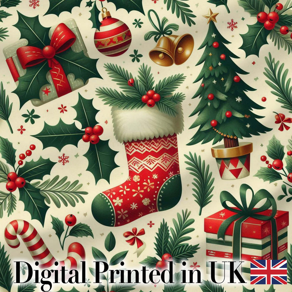 Christmas Stocking Holly Bell Gift Festive Seamless Pattern Digital Print Fabric by the Metre UK Sewing Quilting Textile
