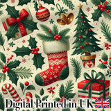 Christmas Stocking Holly Bell Gift Festive Seamless Pattern Digital Print Fabric by the Metre UK Sewing Quilting Textile