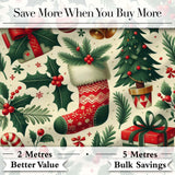 Christmas Stocking Holly Bell Gift Festive Seamless Pattern Digital Print Fabric by the Metre UK Sewing Quilting Textile