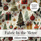 Vintage Christmas Tree Gift Ornament Star Festive Seamless Pattern Digital Print Fabric by the Metre UK Sewing Quilting Textile