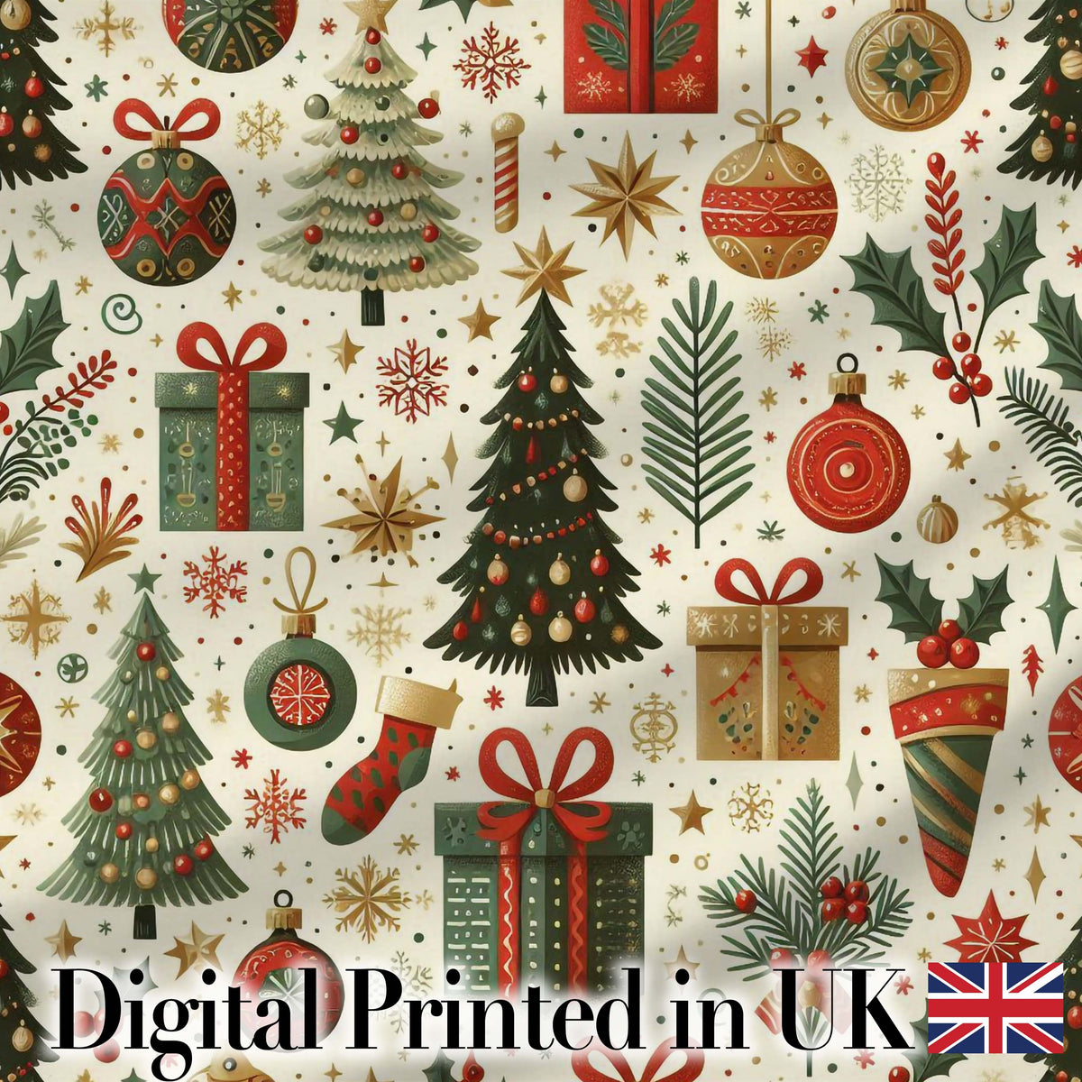 Vintage Christmas Tree Gift Ornament Star Festive Seamless Pattern Digital Print Fabric by the Metre UK Sewing Quilting Textile
