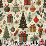 Vintage Christmas Tree Gift Ornament Star Festive Seamless Pattern Digital Print Fabric by the Metre UK Sewing Quilting Textile