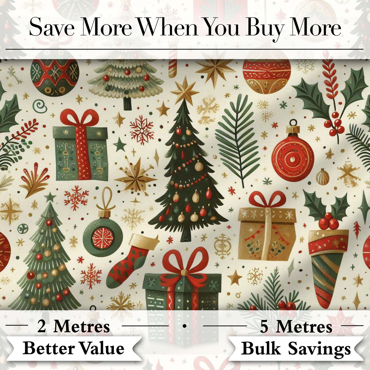 Vintage Christmas Tree Gift Ornament Star Festive Seamless Pattern Digital Print Fabric by the Metre UK Sewing Quilting Textile