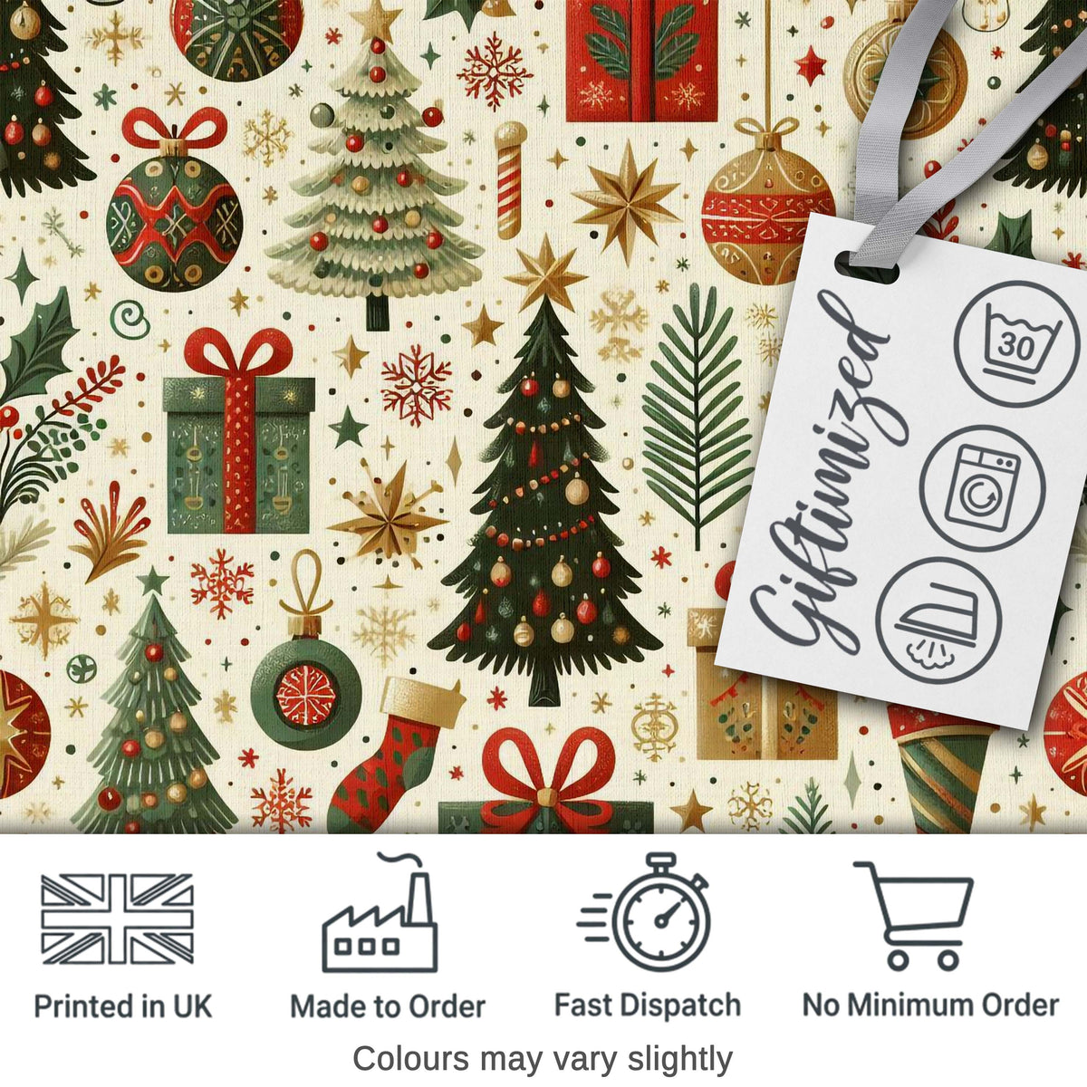 Vintage Christmas Tree Gift Ornament Star Festive Seamless Pattern Digital Print Fabric by the Metre UK Sewing Quilting Textile