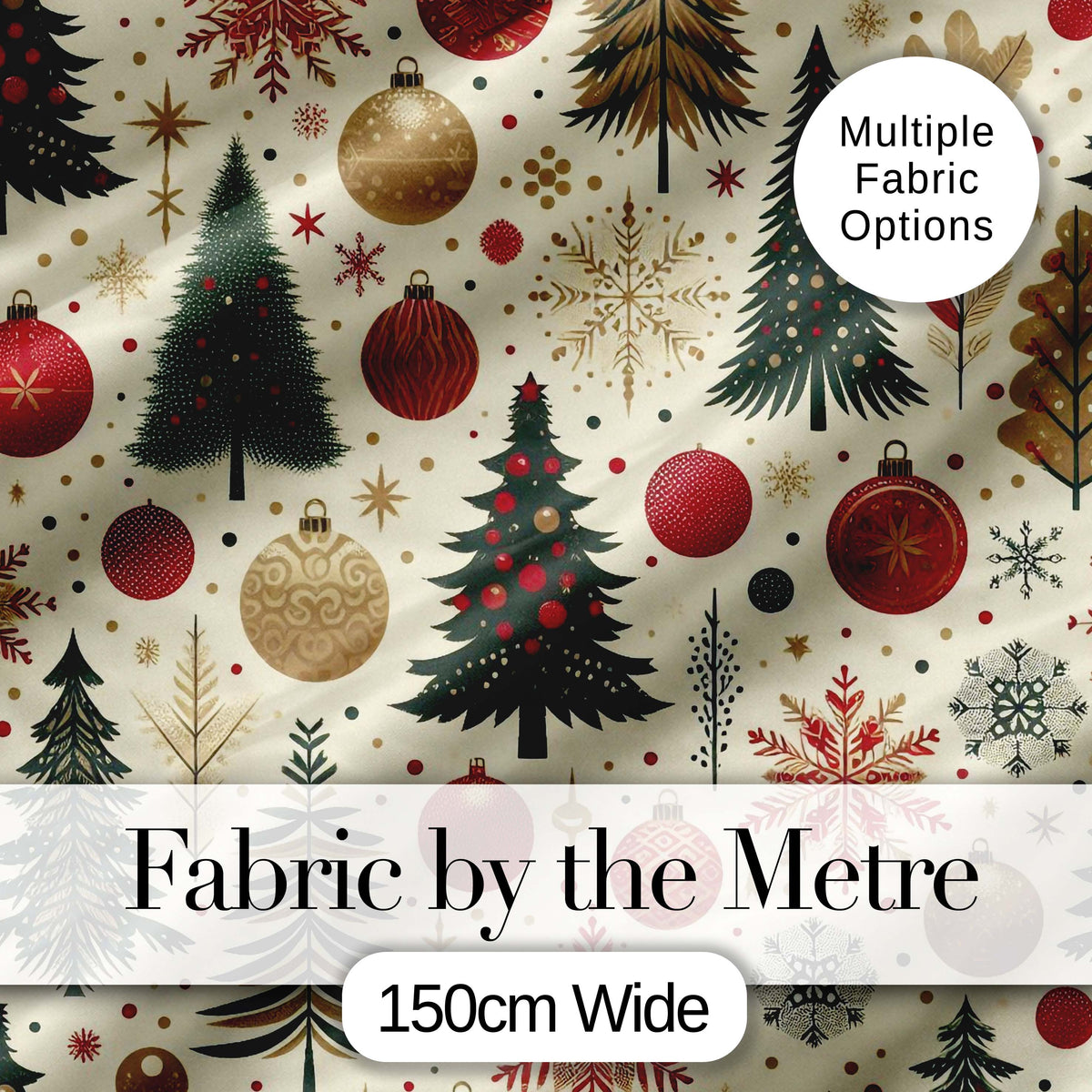 Elegant Christmas Tree Snowflake Bauble Festive Seamless Pattern Digital Print Fabric by the Metre UK Sewing Quilting Textile