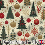 Elegant Christmas Tree Snowflake Bauble Festive Seamless Pattern Digital Print Fabric by the Metre UK Sewing Quilting Textile
