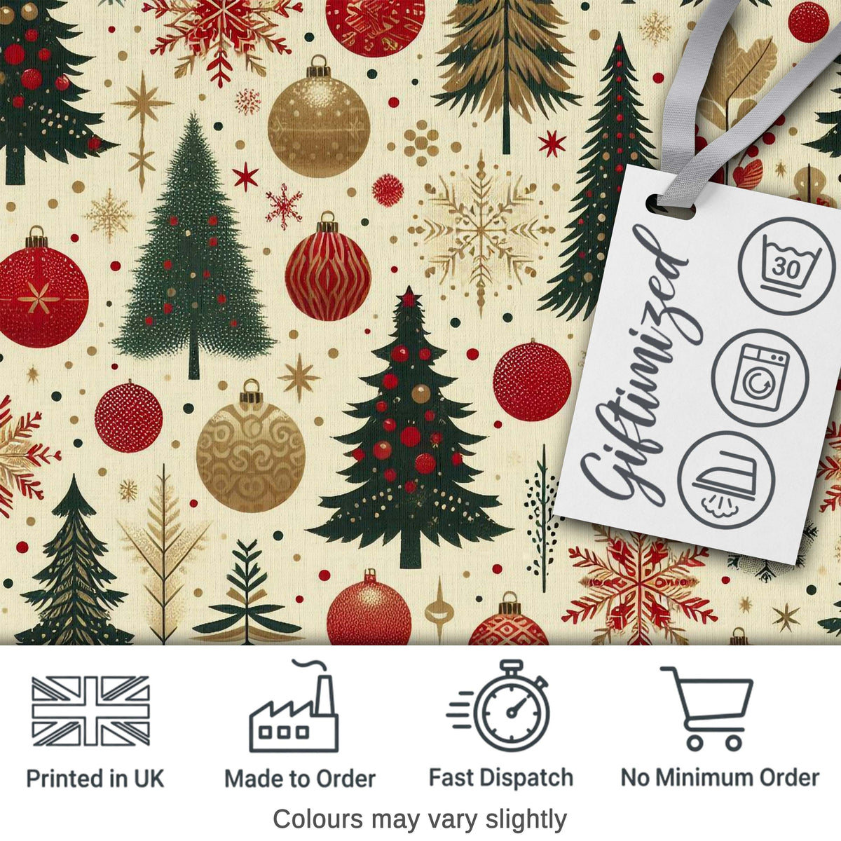 Elegant Christmas Tree Snowflake Bauble Festive Seamless Pattern Digital Print Fabric by the Metre UK Sewing Quilting Textile