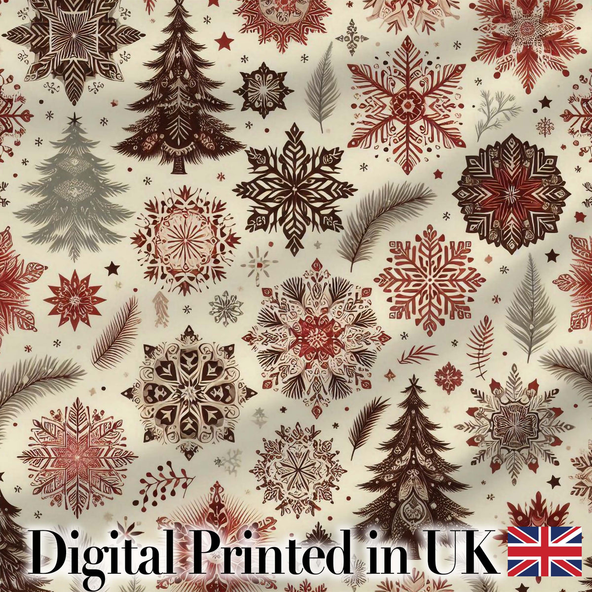 Classic Christmas Snowflake Pine Branch Winter Seamless Pattern Digital Print Fabric by the Metre UK Sewing Quilting Textile