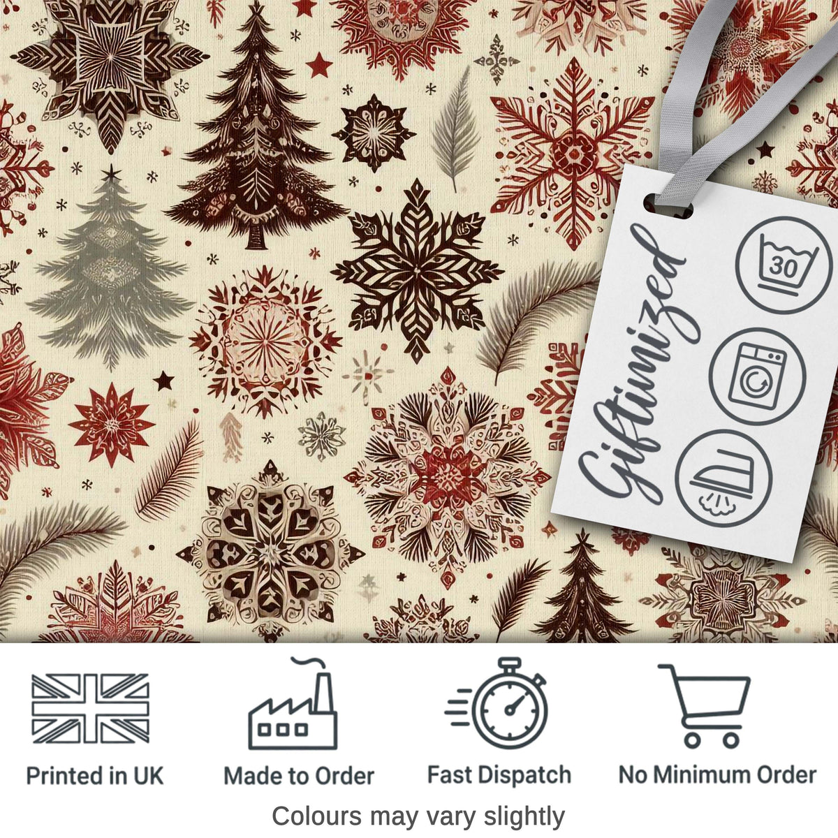 Classic Christmas Snowflake Pine Branch Winter Seamless Pattern Digital Print Fabric by the Metre UK Sewing Quilting Textile