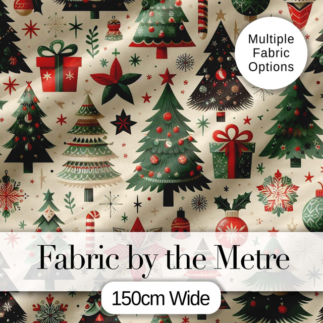 Festive Christmas Tree Gift Ornament Star Holiday Seamless Pattern Digital Print Fabric by the Metre UK Sewing Quilting Textile