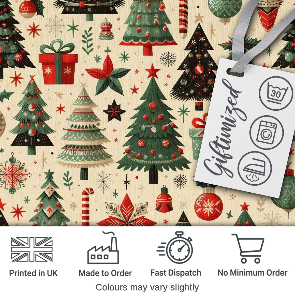 Festive Christmas Tree Gift Ornament Star Holiday Seamless Pattern Digital Print Fabric by the Metre UK Sewing Quilting Textile